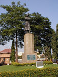 Statue of Swami Vivekananda.   Hindu spiritual leader and reformer who attempted to combine Indian spirituality with Western material progress, maintaining that the two supplemented and complemented one another.  