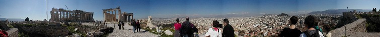 The top of the Acropolis.  It was a place of  sanctuary since earliest times.  Could there be a better place to build a temple?  The Parthenon is on the left; The  Erechtheum on the right.  The goddess Monica is on the far right.