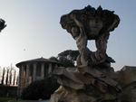 Fountain in plaza in front of Temple of Hercules Victor.  The Temple of Hercules is the oldest existing Roman temple in marble.  Built at the end of the 2nd Century BC, when marble was not yet quarried in Italy, all the marble had to be imported from Greece.  A rich oil merchant, Marcus Ocatvius Erennius, paid all the costs and dedicated the temple to Hercules Victor, protector of oil producers. 