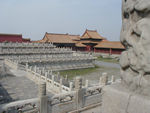 This is the heart of the Forbidden City, where three main halls stand atop a three-tiered marble terrace overlooking an immense plaza. The area encompasses some seven acres (three hectares)--enough space to admit tens of thousands of subjects to pay homage to the emperor. 