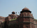 The Indian flag flying over the Lahore Gate.  If one spot could be said to be the emotional and symbolic heart of modern India, it is the Lahore Gate.  During the struggle for independence, one of the nationalists' declarations was that they would see the Indian flag flying over the Red Fort.  After independence, Nehru and Indira Gandhi addressed major speeches from here to crowds in the large open space in front of the Fort.  On Independence Day, the prime minister addresses a huge crowd from the gate.